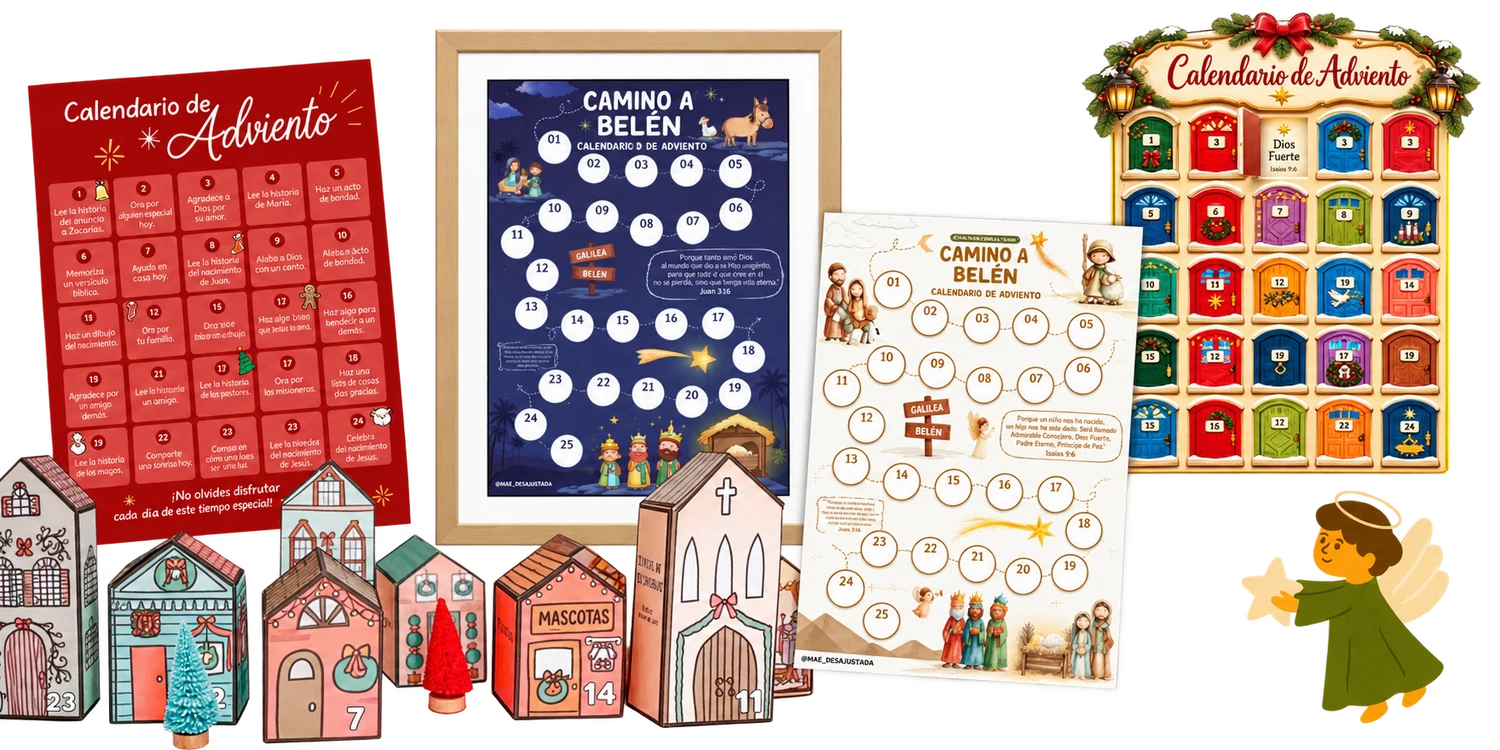Vista completa del kit: calendarios de Adviento, caminos a Belén y una aldea de casitas para armar.