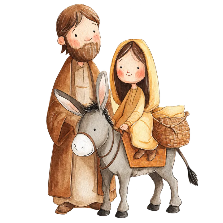 María y José en un viaje con el burrito, en acuarela.